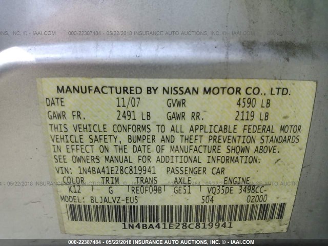 1N4BA41E28C819941 - 2008 NISSAN MAXIMA SE/SL SILVER photo 9