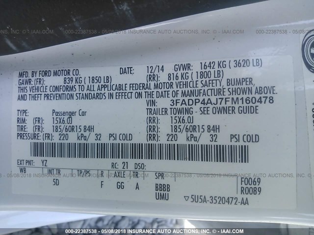 3FADP4AJ7FM160478 - 2015 FORD FIESTA S WHITE photo 9