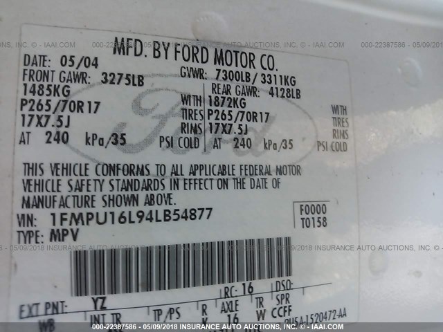 1FMPU16L94LB54877 - 2004 FORD EXPEDITION XLT თეთრი ფოტო 9