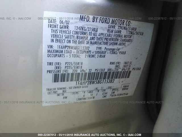 1FAHP28W58G115382 - 2008 FORD TAURUS LIMITED WHITE photo 9