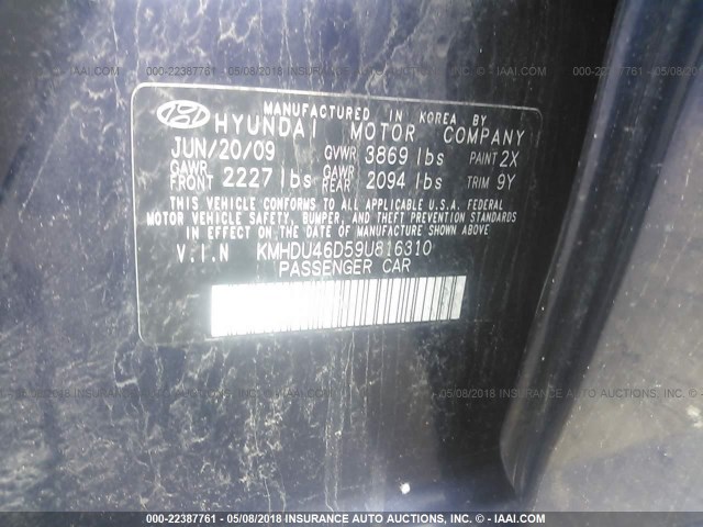 KMHDU46D59U816310 - 2009 HYUNDAI ELANTRA GLS/SE BLUE photo 9