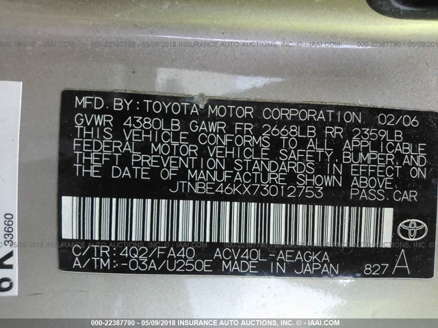 JTNBE46KX73012753 - 2007 TOYOTA CAMRY NEW GENERAT CE/LE/XLE/SE GOLD photo 9