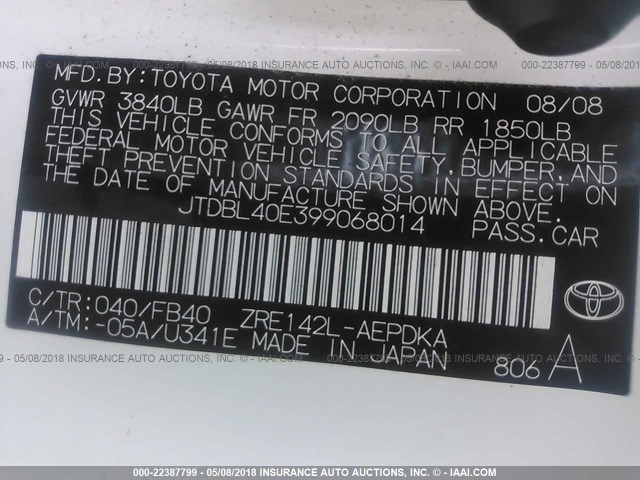 JTDBL40E399068014 - 2009 TOYOTA COROLLA LE/XLE WHITE photo 9