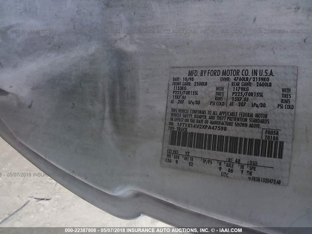 1FTYR14V2XPA47598 - 1999 FORD RANGER SUPER CAB WHITE photo 9