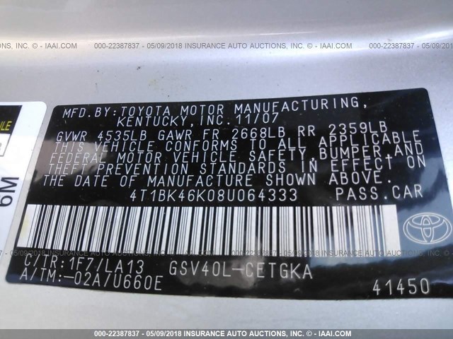 4T1BK46K08U064333 - 2008 TOYOTA CAMRY LE/XLE/SE 银色 照片 9