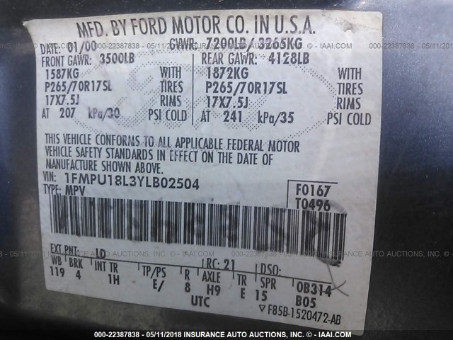 1FMPU18L3YLB02504 - 2000 FORD EXPEDITION EDDIE BAUER 蓝色 照片 9