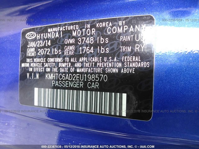 KMHTC6AD2EU198570 - 2014 HYUNDAI VELOSTER BLUE photo 9