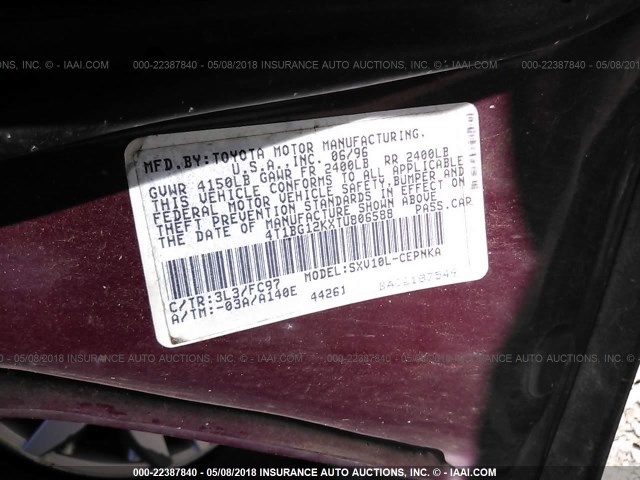 4T1BG12KXTU806588 - 1996 TOYOTA CAMRY DX/LE/XLE BURGUNDY photo 9