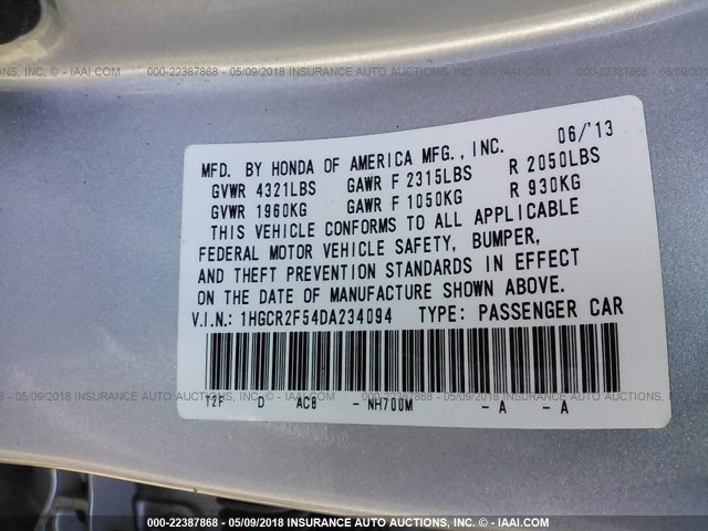 1HGCR2F54DA234094 - 2013 HONDA ACCORD SPORT SILVER photo 9