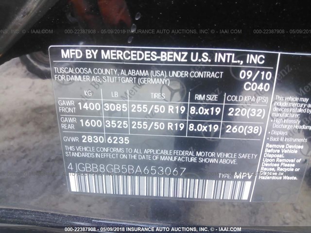 4JGBB8GB5BA653067 - 2011 MERCEDES-BENZ ML 350 4MATIC BLACK photo 9