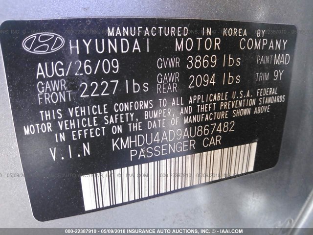 KMHDU4AD9AU867482 - 2010 HYUNDAI ELANTRA BLUE/GLS/SE GRAY photo 9