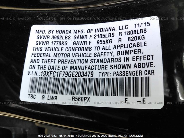 19XFC1F79GE203479 - 2016 HONDA CIVIC EXL Qara foto 9