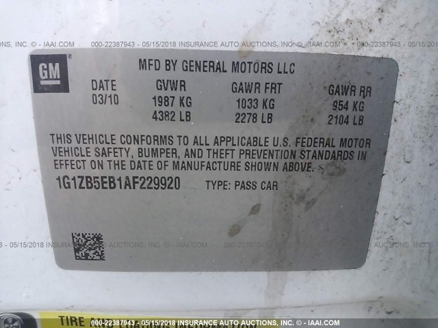 1G1ZB5EB1AF229920 - 2010 CHEVROLET MALIBU LS 白色 照片 9