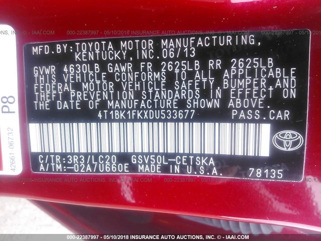 4T1BK1FKXDU533677 - 2013 TOYOTA CAMRY SE/XLE RED photo 9