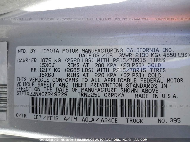 5TETX22NX6Z249329 - 2006 TOYOTA TACOMA ACCESS CAB SILVER photo 9