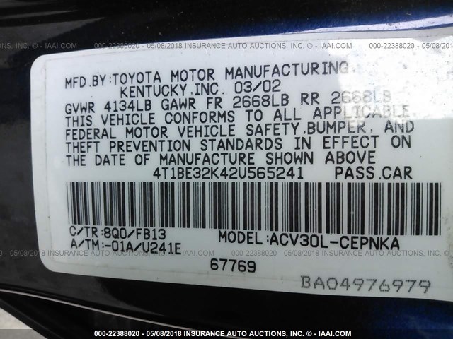 4T1BE32K42U565241 - 2002 TOYOTA CAMRY LE/XLE/SE Mavi foto 9