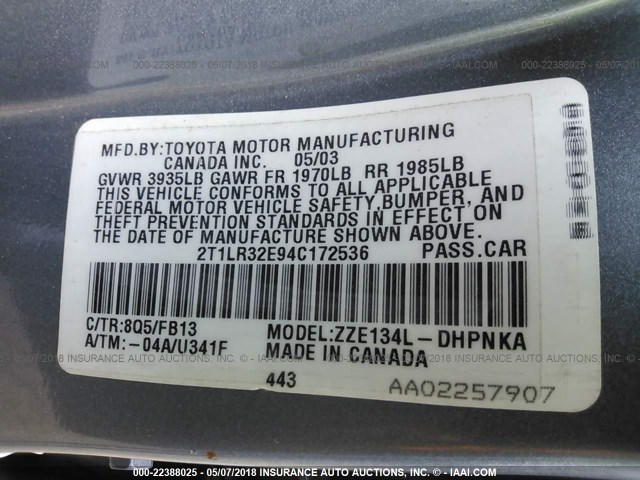 2T1LR32E94C172536 - 2004 TOYOTA COROLLA MATRIX XR SILVER photo 9