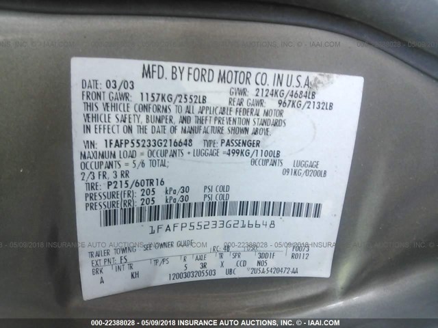 1FAFP55233G216648 - 2003 FORD TAURUS SES GRAY photo 9