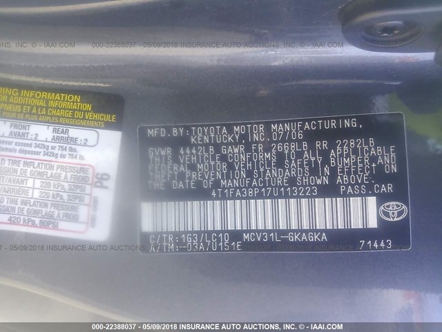 4T1FA38P17U113223 - 2007 TOYOTA CAMRY SOLARA SE/SLE ნაცრისფერი ფოტო 9