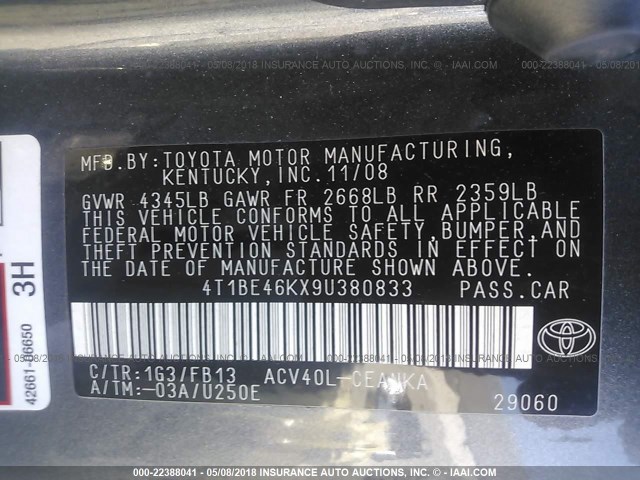 4T1BE46KX9U380833 - 2009 TOYOTA CAMRY SE/LE/XLE 灰色 照片 9