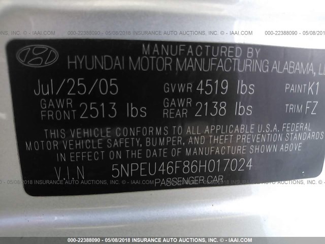 5NPEU46F86H017024 - 2006 HYUNDAI SONATA GLS/LX SILVER photo 9