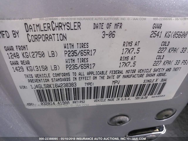 1J4GL58K16W238383 - 2006 JEEP LIBERTY LIMITED SILVER photo 9