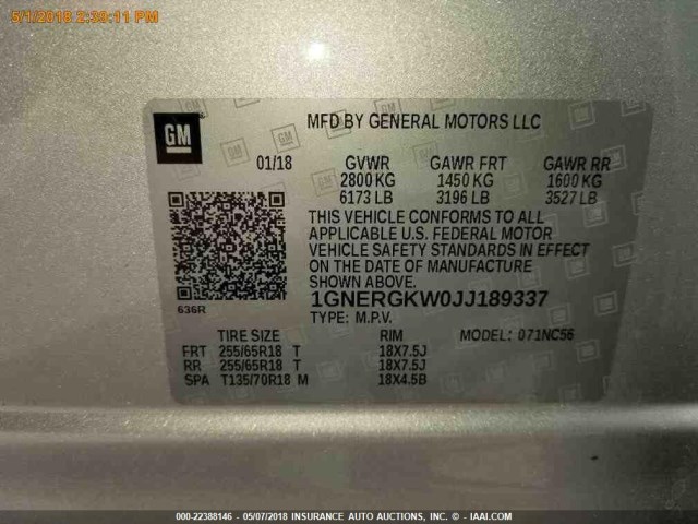 1GNERGKW0JJ189337 - 2018 CHEVROLET TRAVERSE LT SILVER photo 16