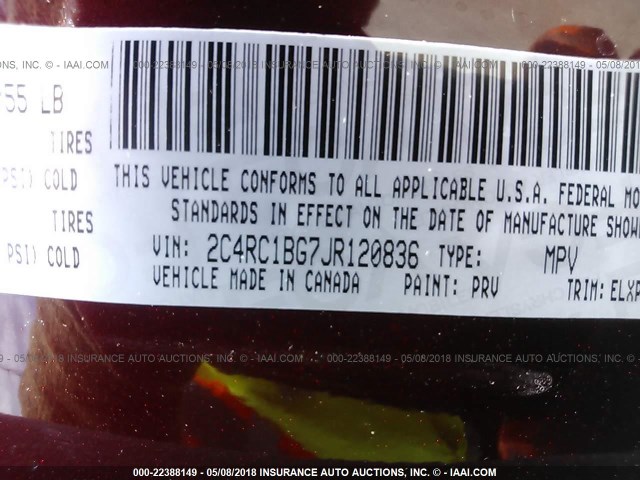 2C4RC1BG7JR120836 - 2018 CHRYSLER PACIFICA TOURING L Կարմիր լուսանկար 9