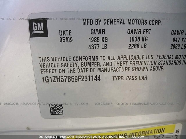 1G1ZH57B69F251144 - 2009 CHEVROLET MALIBU 1LT 银色 照片 9