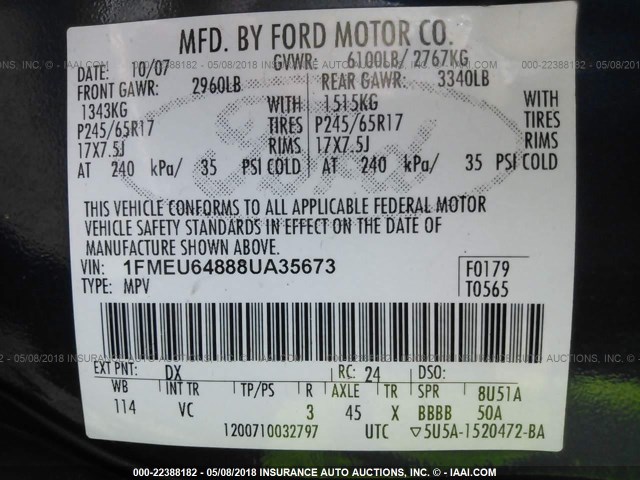 1FMEU64888UA35673 - 2008 FORD EXPLORER EDDIE BAUER BLUE photo 9