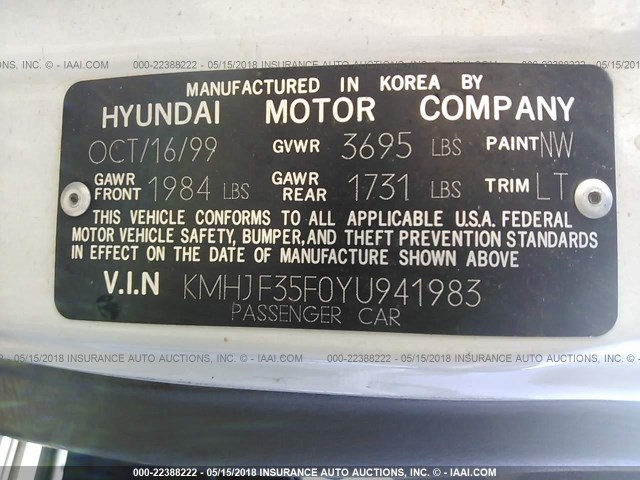 KMHJF35F0YU941983 - 2000 HYUNDAI ELANTRA GLS WHITE photo 9