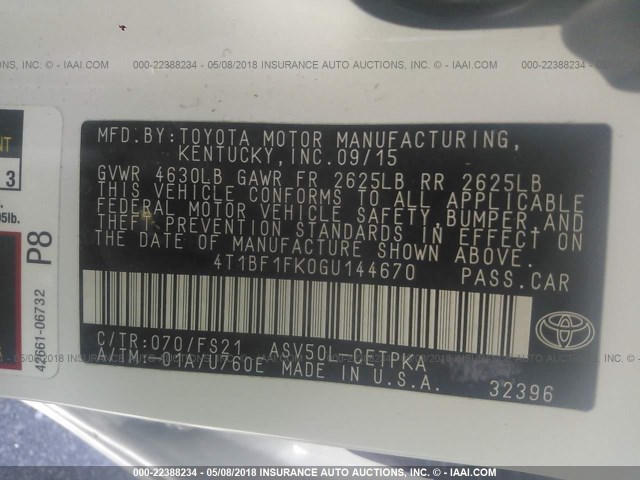 4T1BF1FK0GU144670 - 2016 TOYOTA CAMRY LE/XLE/SE/XSE WHITE photo 9