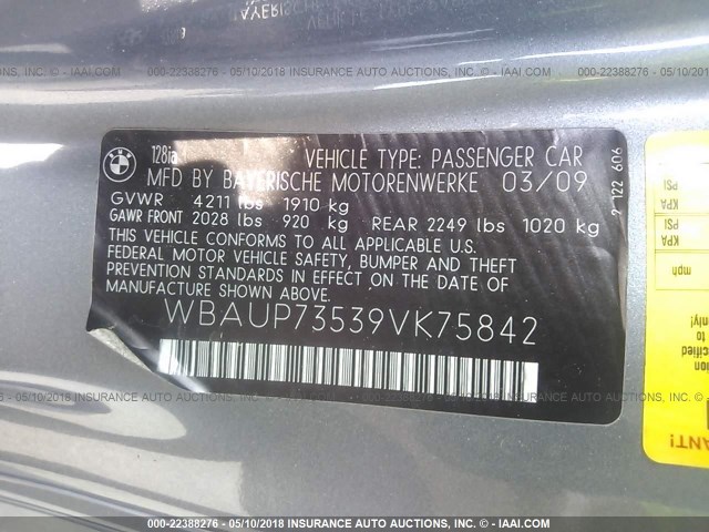 WBAUP73539VK75842 - 2009 BMW 128 I GRAY photo 9