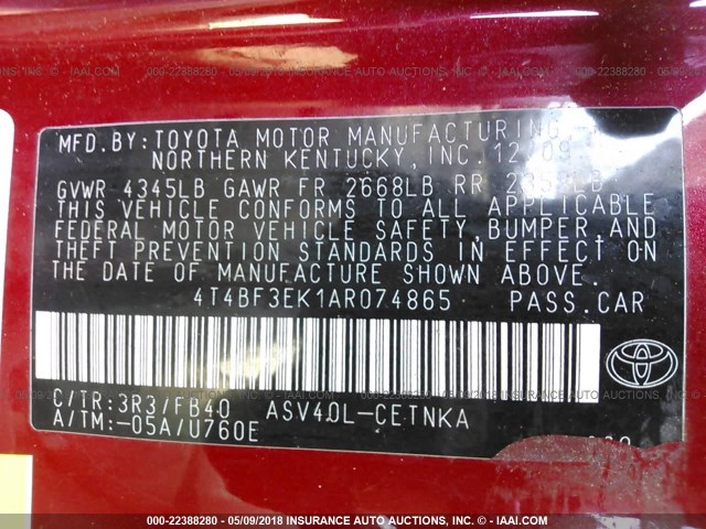4T4BF3EK1AR074865 - 2010 TOYOTA CAMRY SE/LE/XLE RED photo 9