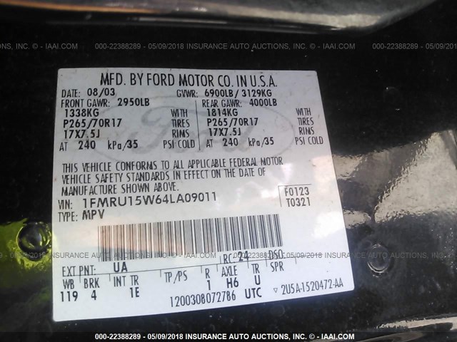 1FMRU15W64LA09011 - 2004 FORD EXPEDITION XLT შავი ფოტო 9