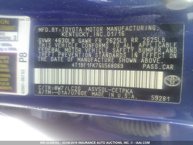 4T1BF1FK7GU568069 - 2016 TOYOTA CAMRY LE/XLE/SE/XSE BLUE photo 9