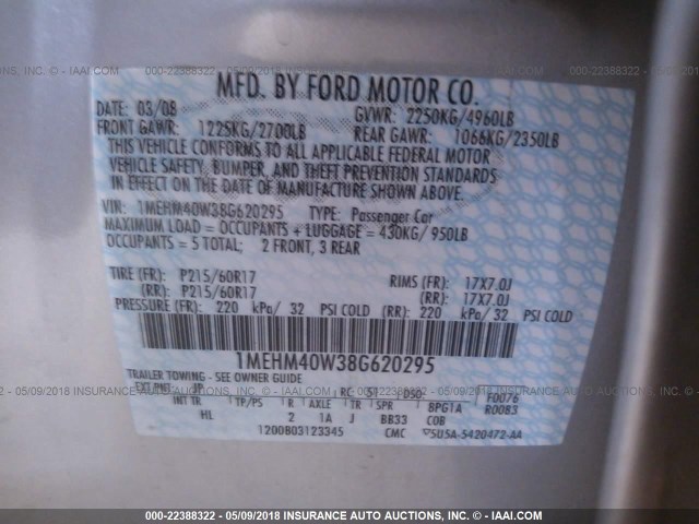 1MEHM40W38G620295 - 2008 MERCURY SABLE LUXURY SILVER photo 9