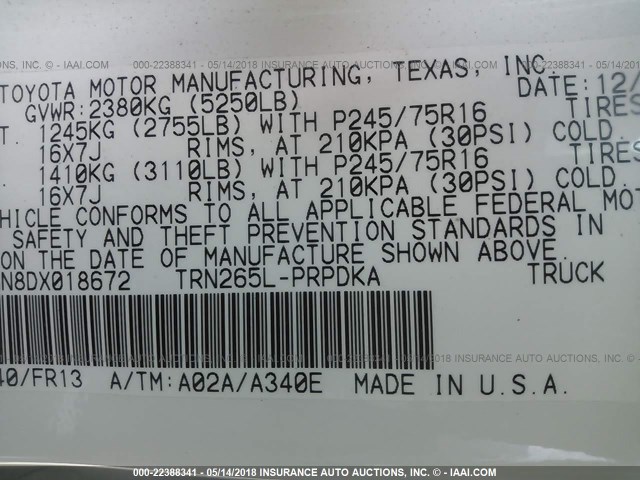5TFJX4GN8DX018672 - 2013 TOYOTA TACOMA DOUBLE CAB თეთრი ფოტო 9