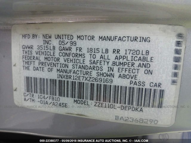 1NXBR12E7XZ269169 - 1999 TOYOTA COROLLA VE/CE/LE 银色 照片 9