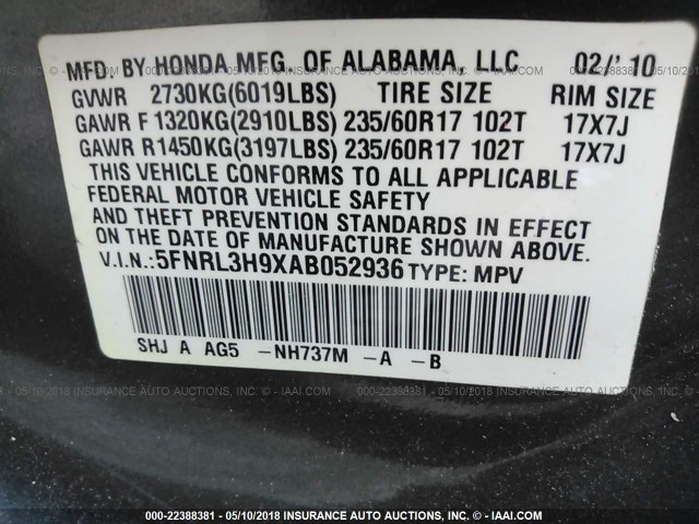 5FNRL3H9XAB052936 - 2010 HONDA ODYSSEY TOURING GRAY photo 9