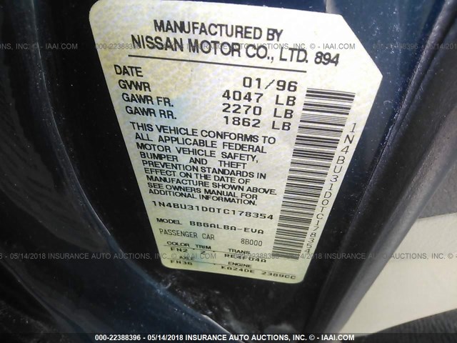 1N4BU31D0TC178354 - 1996 NISSAN ALTIMA XE/GXE/SE/GLE GREEN photo 9