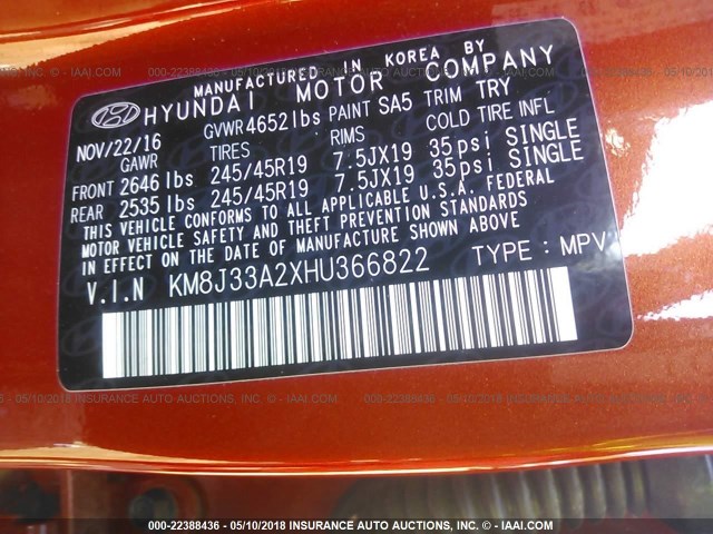 KM8J33A2XHU366822 - 2017 HYUNDAI TUCSON LIMITED/SPORT AND ECO/SE ORANGE photo 9