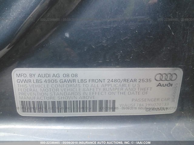 WAUSF78K39N020133 - 2009 AUDI A4 PREMIUM PLUS GRAY photo 9