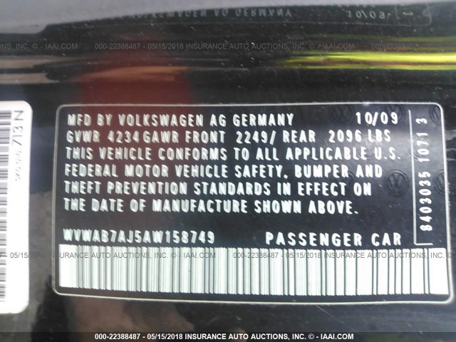 WVWAB7AJ5AW158749 - 2010 VOLKSWAGEN GOLF BLACK photo 9