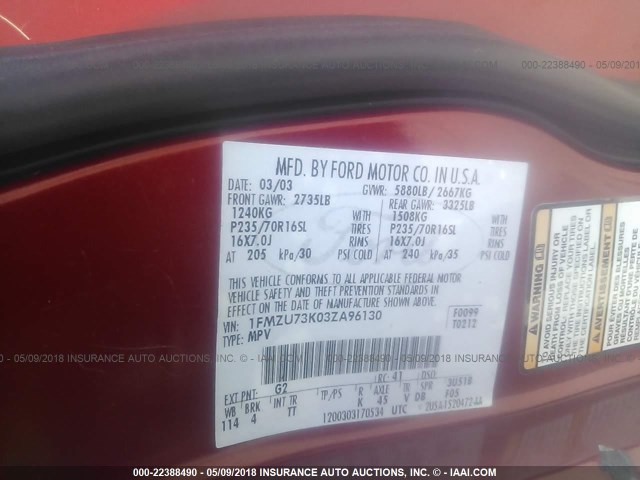 1FMZU73K03ZA96130 - 2003 FORD EXPLORER XLT/XLT SPORT/NBX RED photo 9