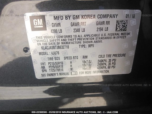 KL4CJASB7JB632718 - 2018 BUICK ENCORE PREFERRED Сұр фото 9