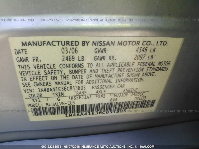 1N4BA41E36C853805 - 2006 NISSAN MAXIMA SE/SL SILVER photo 9