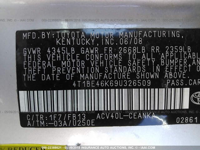 4T1BE46K69U326509 - 2009 TOYOTA CAMRY SE/LE/XLE 银色 照片 9
