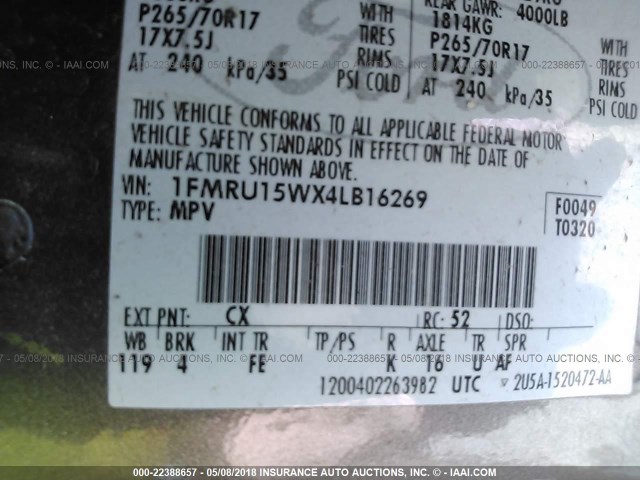 1FMRU15WX4LB16269 - 2004 FORD EXPEDITION XLT 灰色 照片 9