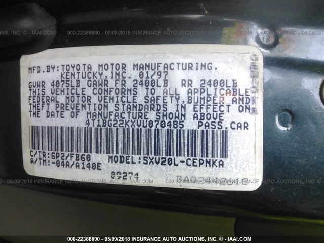 4T1BG22KXVU070485 - 1997 TOYOTA CAMRY CE/LE/XLE 绿色 照片 9